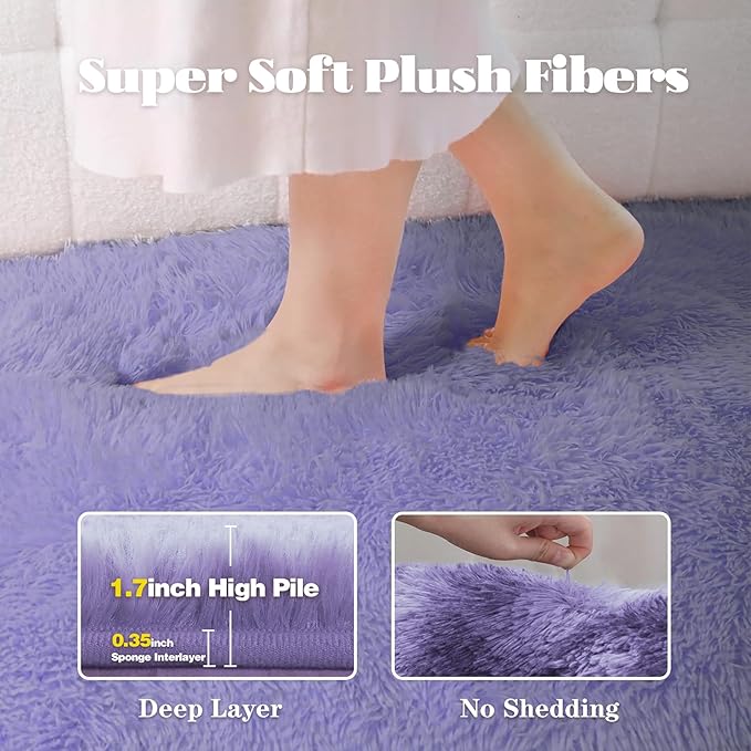 2x6 Runner Rug for Bedroom: Fluffy Shag Soft Washable Rugs Small Fuzzy Plush Indoor Carpet for Hallway Bedside Dorm Kids Girls Boys Room (Purple, 2'x6')