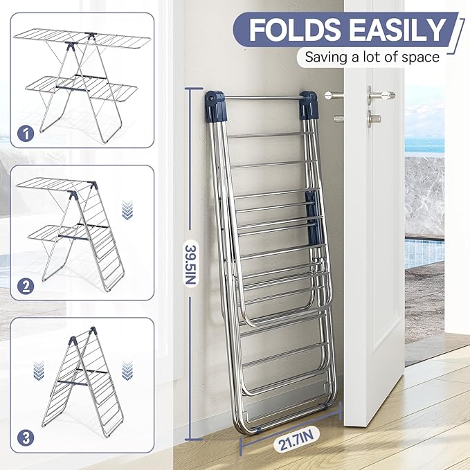 APEXCHASER Clothes Drying Rack with 4 Wings, Stainless Steel Drying Rack Clothing with Height-Adjustable, Foldable Gullwings Laundry Drying Rack, Indoor Outdoor Use, No Assembly, Blue