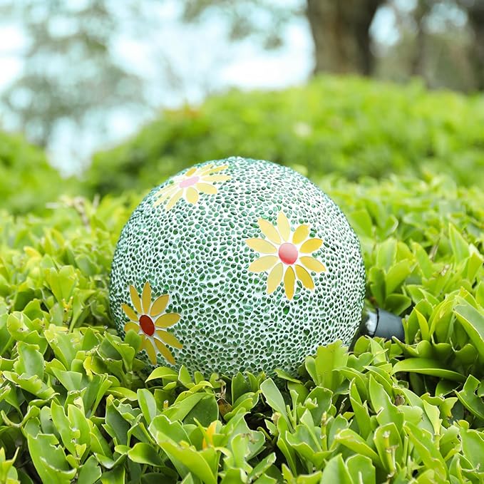 VCUTEKA Gazing Ball, 8" Glass Gazing Balls Sphere for Garden Lawn Outdoor Ornament Yard Decorative, Daisy