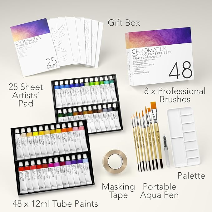 CHROMATEK Watercolor Paint Set - 84 Piece Kit for Adults, Beginner & Professional Artists - 48 Tubes (12ml), 25 Page Sketch Paper Pad, 8 Painting Brushes, Aquapen, Palette, Masking Tape - Art Supplies