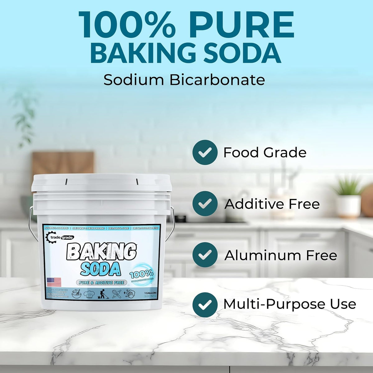 TradeGrade Pure Baking Soda Powder – 1 Gallon Bucket, Sodium Bicarbonate Powder | Premium Food-Grade for Baking, Bread, Cookies & More | Baking Soda for Cleaning, Natural Cleaner & Deodorizer (1 Gallon)