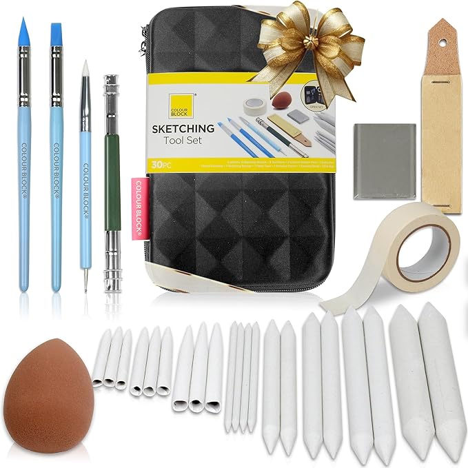 COLOUR BLOCK 30pcs Sketching Tool Set with Soft Pastels Drawing Art Blenders, Blending Stumps, Tortillions, Sandpaper, Sketch Pencil Extender, Rubber Pens