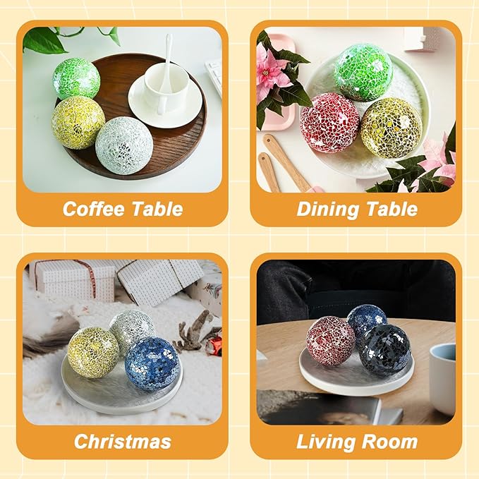 3.35 Inch Round Solid Glass Balls Orbs Decorative Mosaic Ball Centerpiece Sphere Crack Globe Crafts for Bowls Tray Table Garden Decoration Green Set of 3