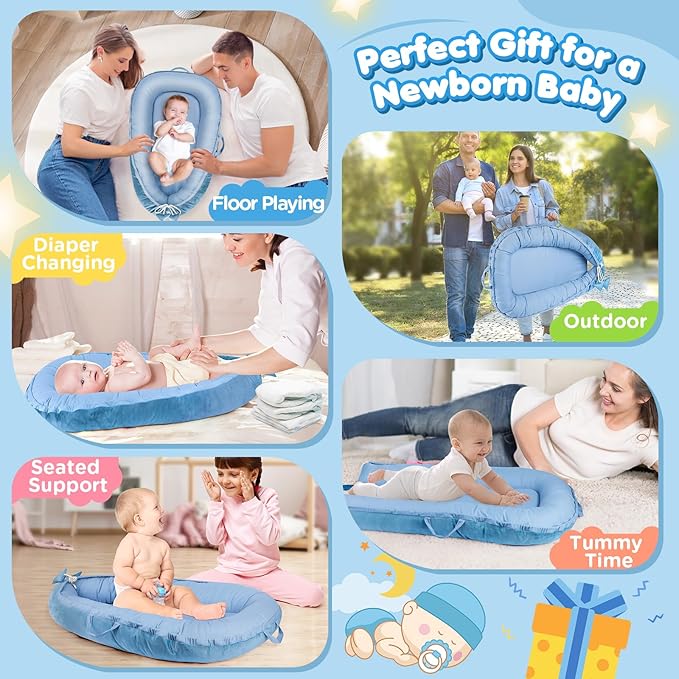Baby Lounger - Baby Lounger for Newborn 0-24 Months, Breathable & Soft Cotton and Velvet Cover Baby Nest, Portable Tummy Time Lounger for Home and Travel, Ideal Baby Essentials & Shower Gifts