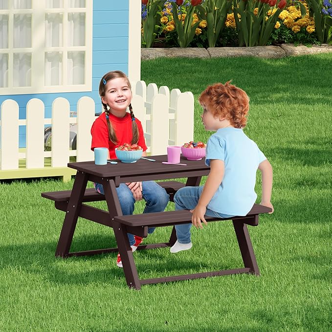 Costaelm Kids Picnic Table, HDPE All Weather Outdoor Toddler Picnic Table and Chair Set Kids Bench for Patio, Backyard, Garden, Lawn, Dark Brown