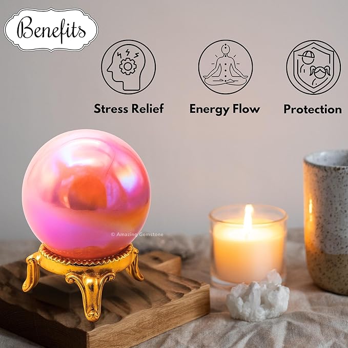 Amazing Gemstone Angel Aura Rose Quartz Crystal Ball with Stand - 2" Inches Crystal Sphere Meditation Balls for Witchcraft and Decorative Balls