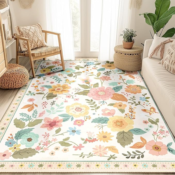 Floral 5x7 Area Rug Machine Washable Soft Print Boho Carpet Non Slip Doormat Low Pile Flower Area Rugs for Living Room Bedroom Nursery Kitchen Dining Room Indoor-Beige/White/Orange