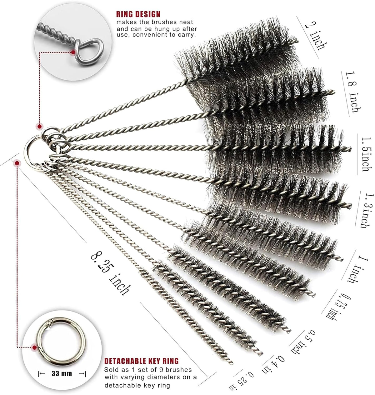 Pipe Cleaning Brush Set Stainless Steel Bristles, Stainless Steel Pipe Brush Steel Bottle Brush 9 Piece Variety Pack for Auto Parts, Bottles, Tubes, Etc.
