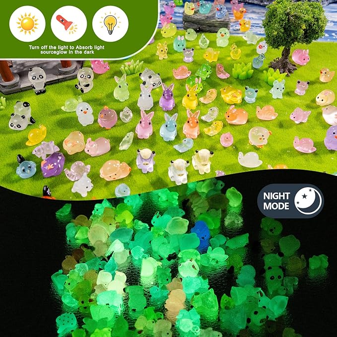 110 Pack Mini Animals Tiny Animal Figurines Bulk for Miniature Glow in Night Dollhouse Decor Accessories Garden Aquarium Potted Ornament Party DIY Charms Office Classroom Activity to Hide