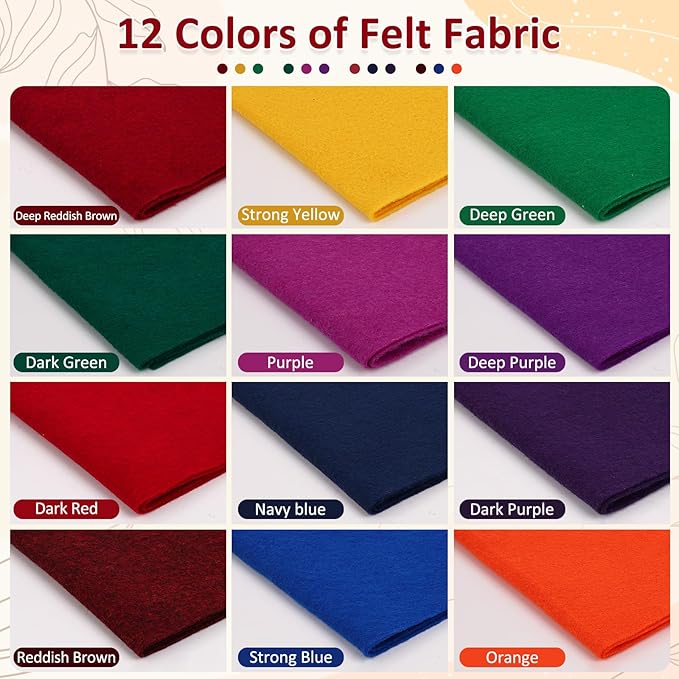 XSEINO 12 Rolls 8"x35" 1.4mm Thick Soft Felt Fabric Sheet 12 Assorted Dark Series Colors Felt Pack for DIY Craft Sewing Squares Nonwoven Patchwork