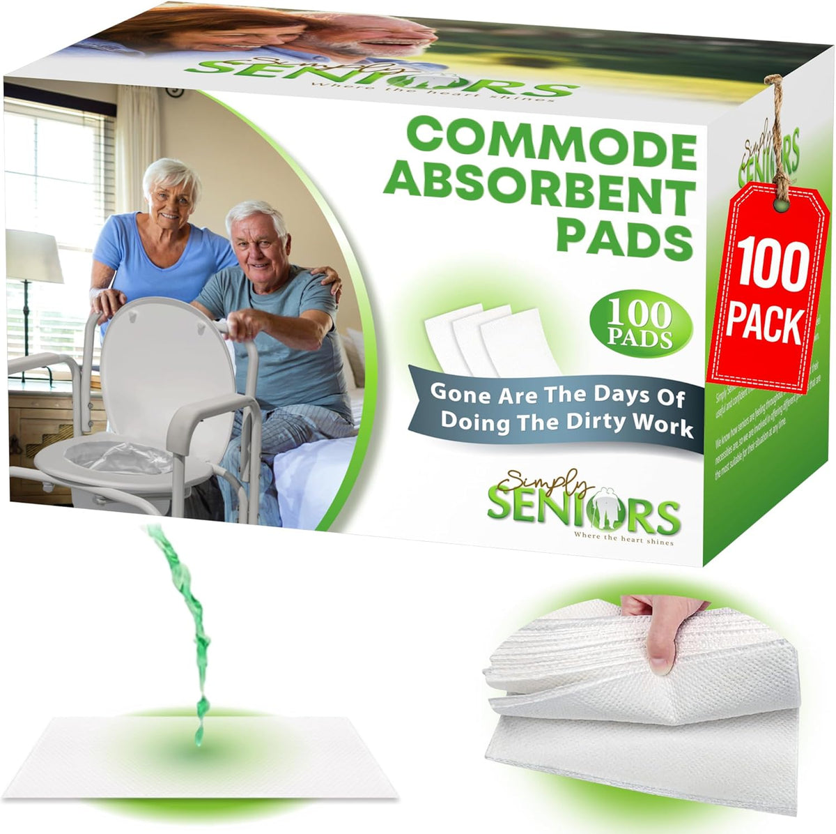 Commode Absorbent Pads for Bedside Commode Liners - 100 Pads for Portable Toilet Bags- No More Days Doing The Dirty Work - For Bedside Toilet Liners, Potty Bags for Portable Toilet, Potty Chair Liners