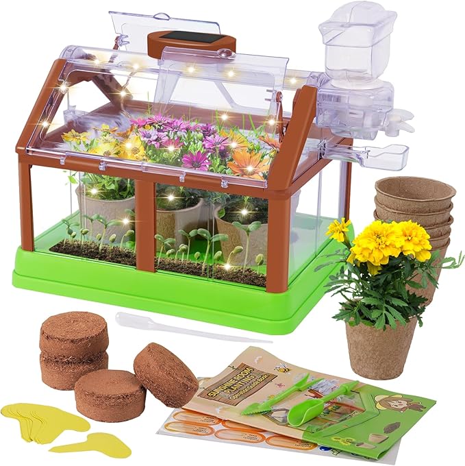 Kids Gardening Plant Growing Kit-Kid Plant Growing Greenhouse Set with Upgraded Irrigation & Light-Perfect Garden Plant for Boys and Girls