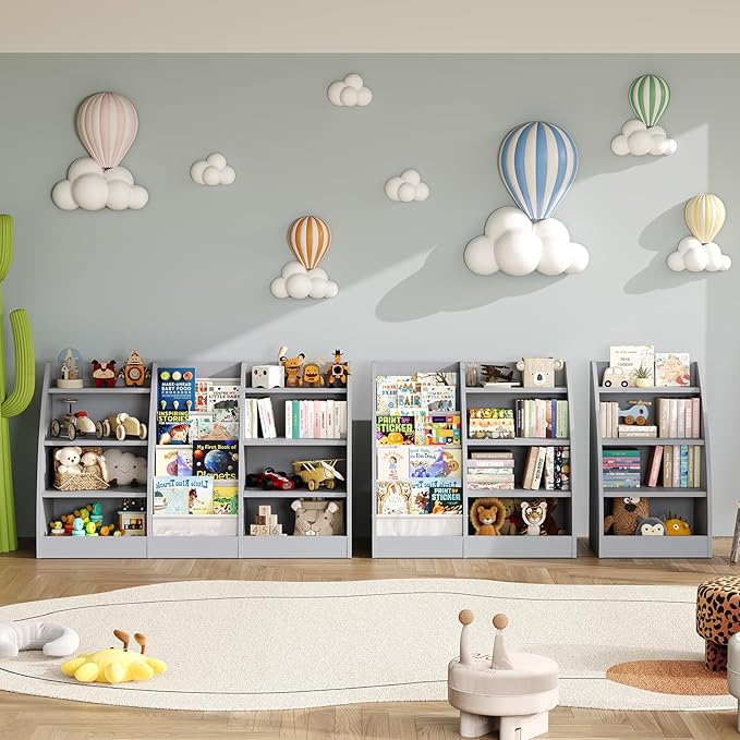 4 Tier Kids Bookshelf,4 Layer Sling Kids Book Shelf for Kids Rooms,Wood Children Bookcase,Baby Storage Book Rack,Toddler Bookshelf, Book and Toy Organizer,Book Display Shelf for Bedroom, Nursery