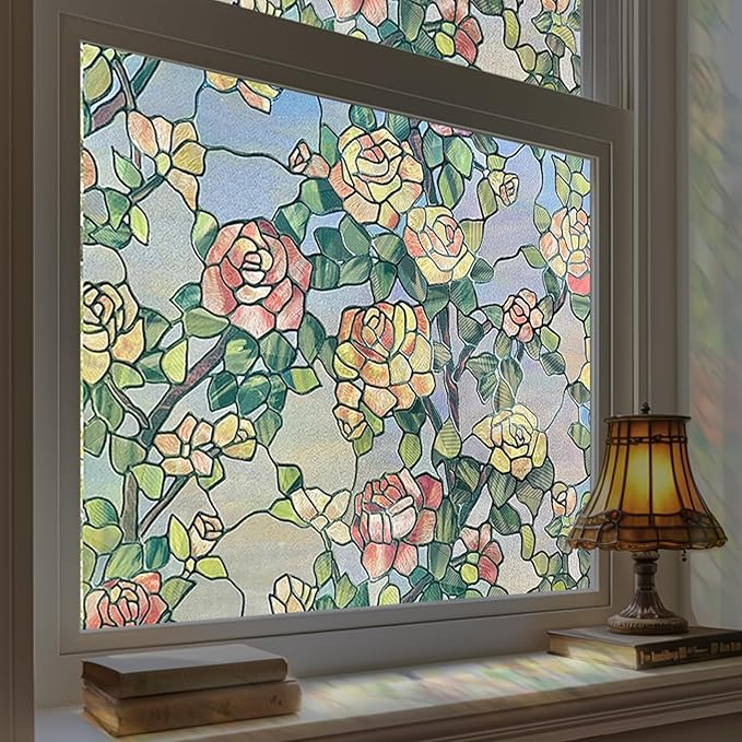 Stained Glass Window Film, 3D Decorative Window Privacy Film for Bathroom,Front Door,Home, Sun Blocking Heat Control,Static Cling, The Beast's Rose 17.3inch x 47.2inch