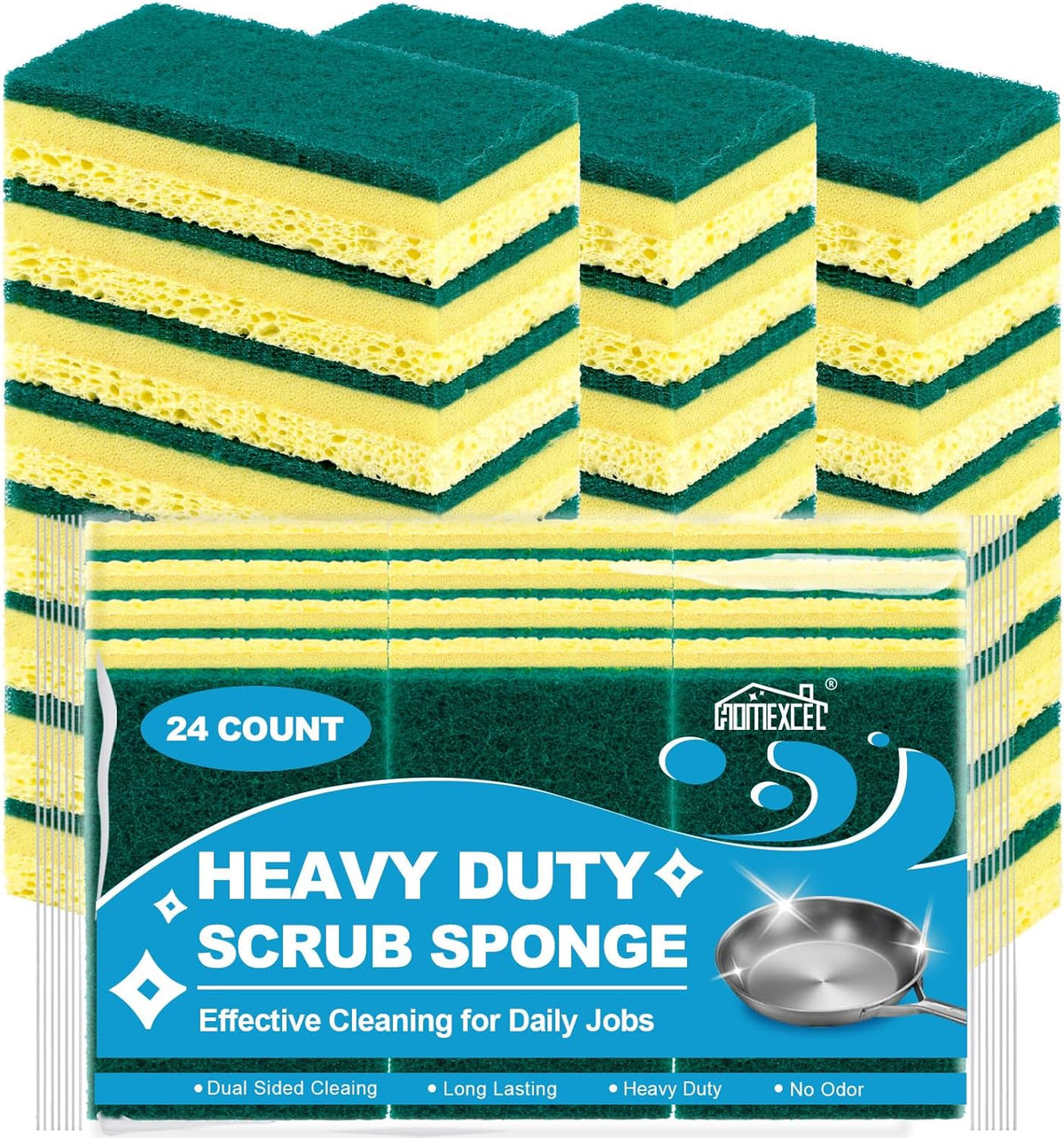 HOMEXCEL Sponges Kitchen 24pcs, Heavy Duty Sponges for Dishes, Scrub Cleaning Sponge for Non-Coated Cookware, Dishes, Pots, Pans, Dual Sided Dish Sponge for Kitchen, Household, Bathroom and More