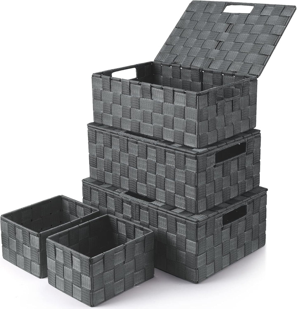 Storage Bins with Lids, Woven Storage Box Organizer Containers Decorative Baskets Cube for Clothes Bedroom Closet Office (5 Pack, Grey)
