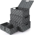 Storage Bins with Lids, Woven Storage Box Organizer Containers Decorative Baskets Cube for Clothes Bedroom Closet Office (5 Pack, Grey)