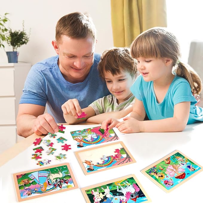 NASHRIO Wooden Educational Jigsaw Puzzles for Preschool Kids Ages 3-5, 4-Pack with 20 Pieces Unicorn Princess Wood Puzzles Set, Toddler Brain Teaser Toys, Preschool Gifts for Boys Girls Ages 3 4 5 6