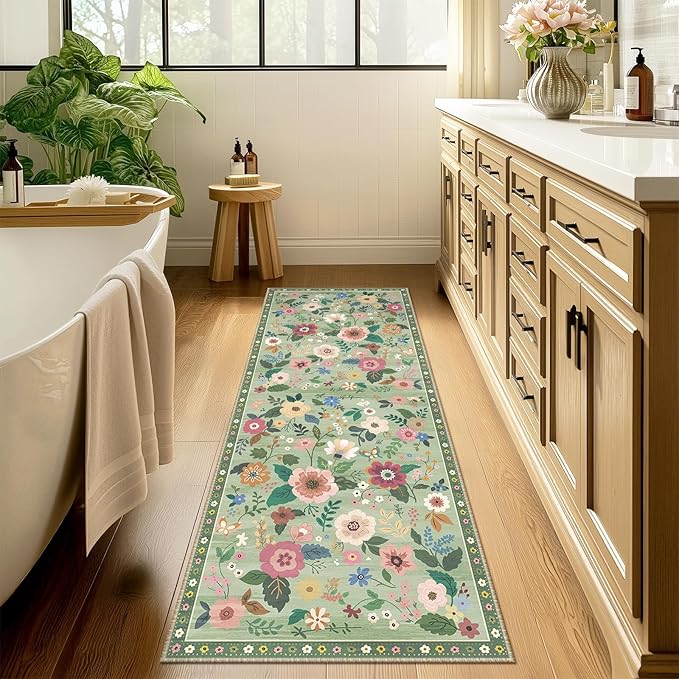 Floral 2x10 Area Rug Machine Washable Soft Print Boho Carpet Non Slip Doormat Low Pile Flower Area Rugs for Living Room Bedroom Nursery Kitchen Dining Room Indoor-Light Green