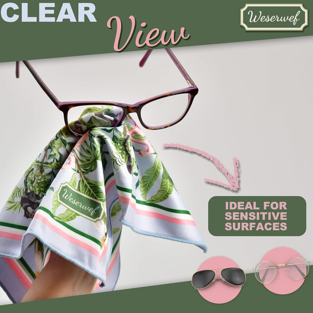WESERWEF Design Microfiber Glasses Cleaning Cloth – Premium Cleaning Cloth for Eyeglasses, Screens, Tablets, Cameras & Lenses, 12" x 12", Ultra-Soft & Scratch-Free (Tropical World)