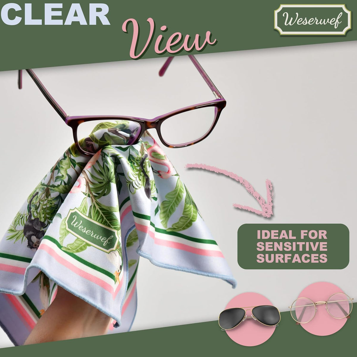 WESERWEF Design Microfiber Glasses Cleaning Cloth – Premium Cleaning Cloth for Eyeglasses, Screens, Tablets, Cameras & Lenses, 12" x 12", Ultra-Soft & Scratch-Free (Tropical World)