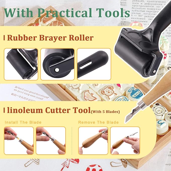 Keadic 12Pcs Soft Rubber Carving Blocks Kit, Comes with Linoleum Cutter Tools & 2 Inches Rubber Roller Brayer Rollers Glue Roller for Ink Paint Block Stamping, Printmaking Wallpaper and Arts & Crafts