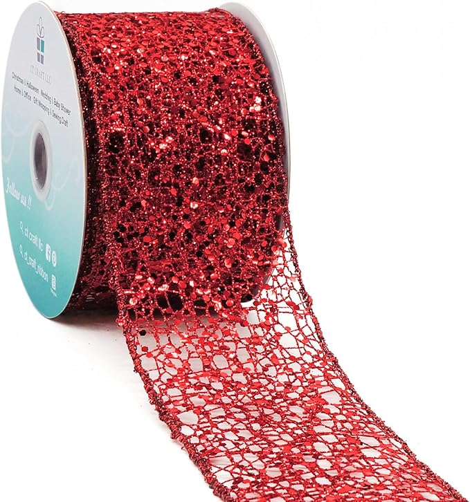 CT CRAFT LLC Sparkling Glitter Mesh Wired Ribbon 2.5" x 10 Yards Red for Christmas Home Decor Bow Gift Wrapping DIY Crafts Wreath