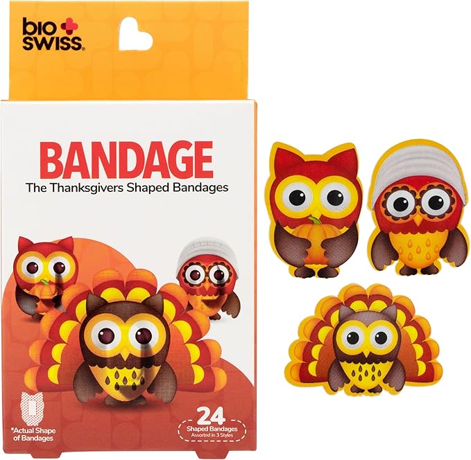 BioSwiss Bandages, Thanksgiving Shaped Self Adhesive Bandage, Latex Free Sterile Wound Care, Fun First Aid Kit Supplies for Kids and Adults, 24 Count