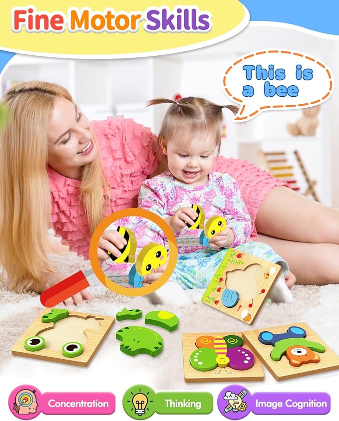 Bekayshad Wooden Puzzles Toddler Toys Gifts for 1 2 3 Year Old Boys Girls, 8 Pack Animal Jigsaw Puzzles Montessori Toys, Learning Educational Christmas Birthday Gifts for Girls Boys Ages 1-3