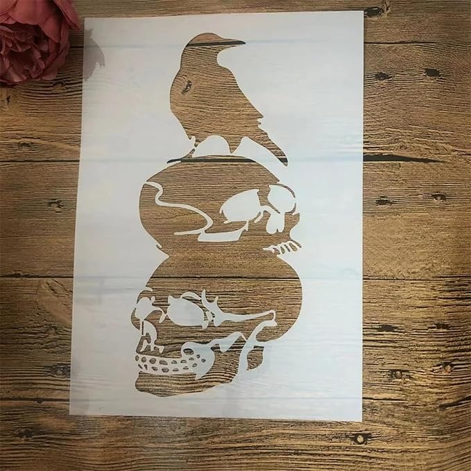 TIAMECH A4 Reusable Halloween Crow Skull Stencil for Painting - Horror Ghost Atmosphere Layering Template, DIY Wall Art, Wood Furniture, Scrapbook & Crafts (8.3x11.7inch)