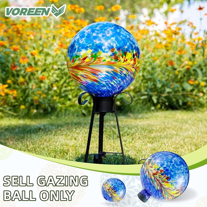 VOREEN 10-Inch Glass Gazing Ball, Outdoor Gazing Globe, Handmade Reflective Ball Yard Decoration for Homes, Patio, Lawn and Gardens, Gift for Mom Wife Friend, Phoenix Tail Design, Blue