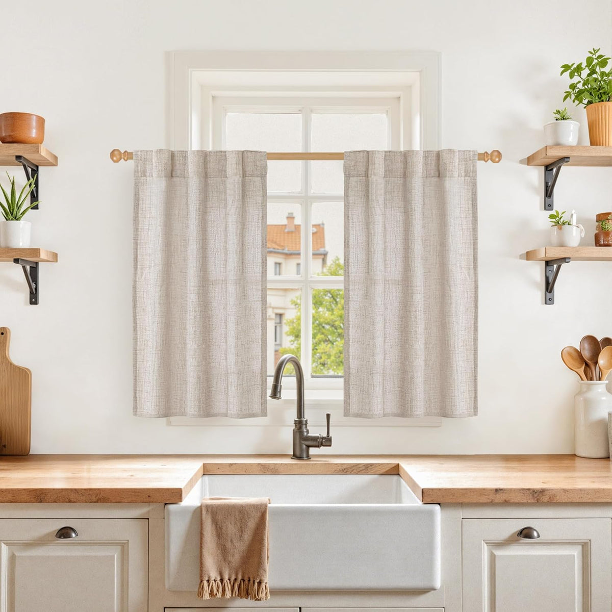 YoungsTex Cafe Linen Curtains 36 Inch Length for Kitchen Window Over Sink - Small Half Window Drapes Semi Sheer Light Filtering with Rod Pocket Back Tab for Bathroom, 2 Panels, 30 X 36 Inch