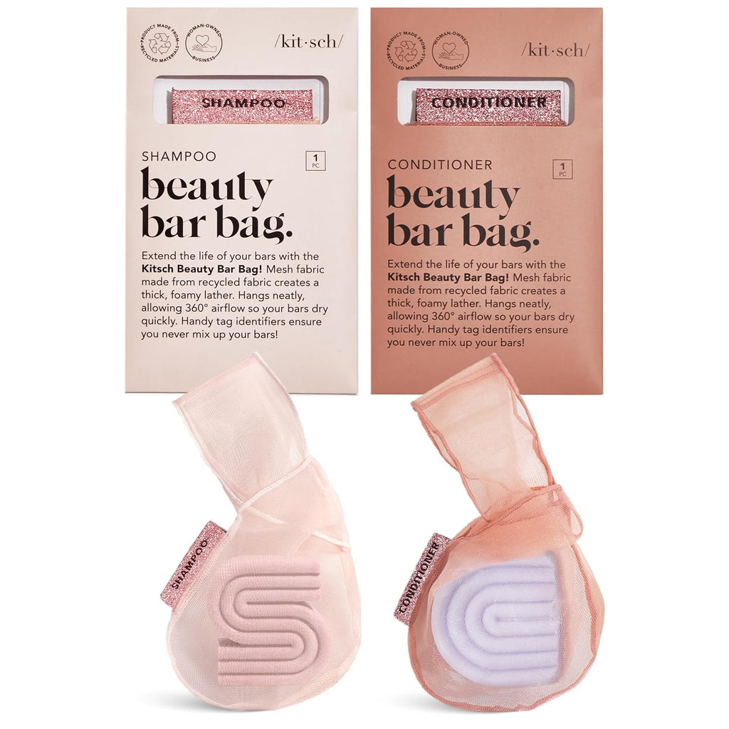 Kitsch Bar Soap Saver Bag – Patented Mesh Bag Soap Holder for Shampoo and Conditioner Bars - Extends Use & Prevents Soggy Mess - Recycled Mesh Beauty Pouch, Eco-Friendly - 2pc Set, Blush & Terracotta