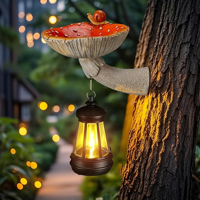 Mushroom with Snail and Lantern Cute Solar Statue Light Garden Decoration Resin Decoration Painted Design Craft Ornament for Indoor Outdoor Gift(Red)