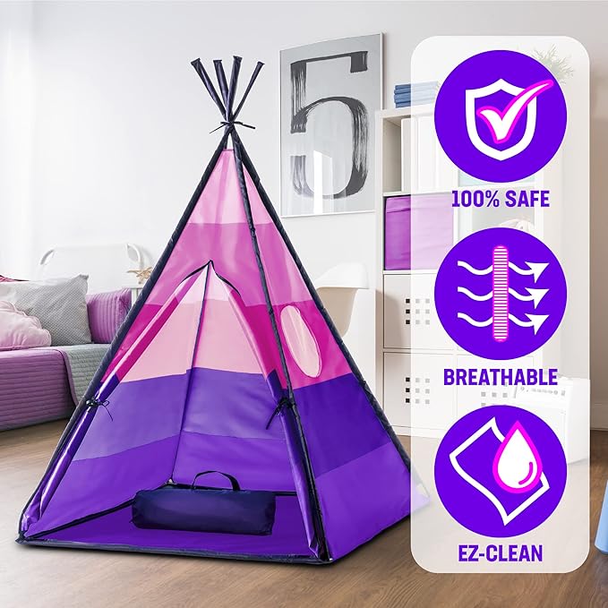 USA Toyz Happy Hut Teepee Tent for Kids - Indoor Pop Up Teepee Kids Playhouse Tents for Boys, Girls, Toddlers with Portable Storage Bag (Pink)