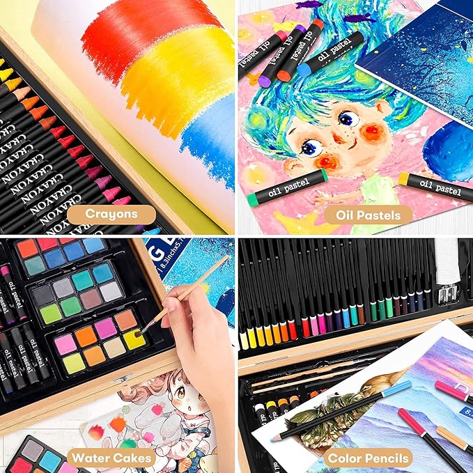 Art Supplies, iBayam 150-Pack Deluxe Wooden Art Set Crafts Drawing Painting Kit with 1 Coloring Book, 2 Sketch Pads, Creative Gift Box for Adults Artist Beginners Kids Girls Boys