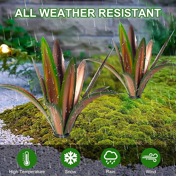 TOMBABY Enlarge Thickened Wind Resistant Metal Agave Garden Art Metal Plant Country Garden Sculpture Statue Outdoor Decoration Agave Metal Plant Courtyard Lawn Ornament Gift (2, 12 Leaves Green)