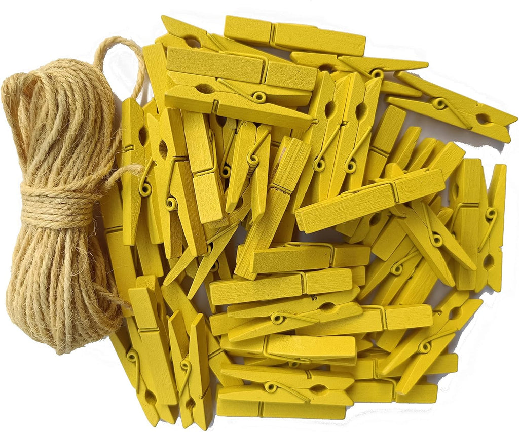 1.9" Yellow Wood Clothes Pins Easter Party Art Display Hanging Kit Place Card Holder Clothespin with Jute Rope Pack 50