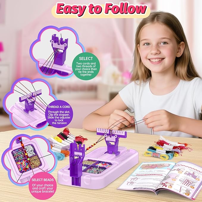 Friendship Bracelet Making Kit, Arts and Crafts Loom Bracelet Maker for Kids, Jewelry String Making supplies with 3 Thread Styles & 6 Bead Types, Christmas Birthday Gifts for Girls Ages 6 7 8 9 10+