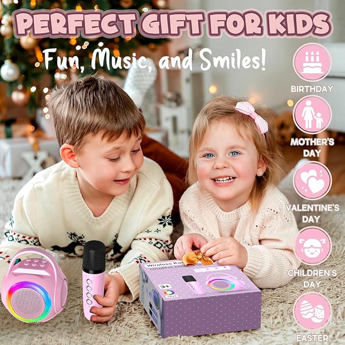 Hockvill Mini Karaoke Machine for Kids with Microphone, Bluetooth Toddler Karaoke Toy with LED Lights, Rechargeable Portable Speaker for Girls & Boys Ages 3-10, Children’s Day & Birthday Gift Ideas
