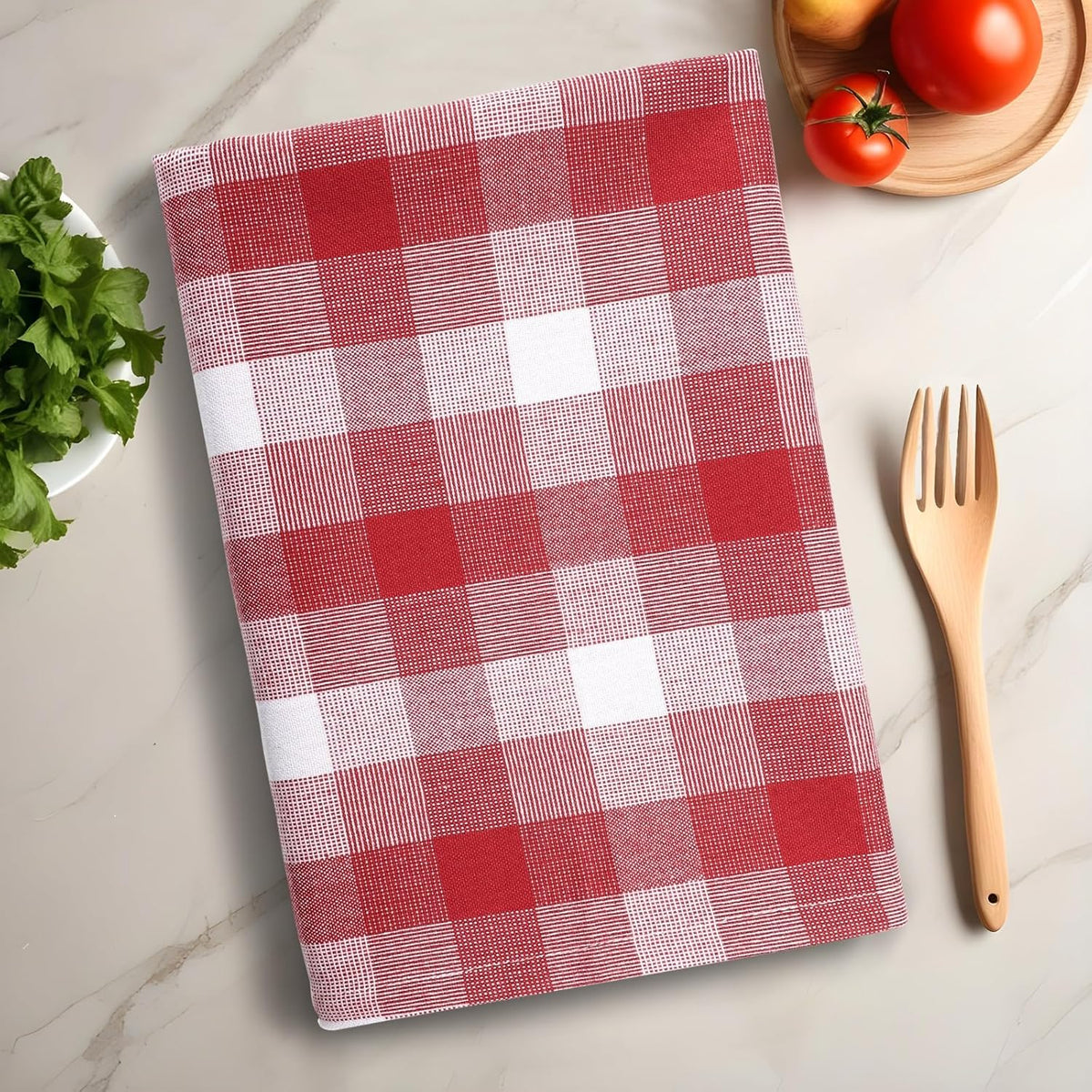 Christmas Kitchen Towels Set of 6 Red/White Checks, Reusable Cotton 20X30 Inches Dish Towel Highly Absorbent Premium Quality Ultra Soft Mitered Corners Kitchen Towels