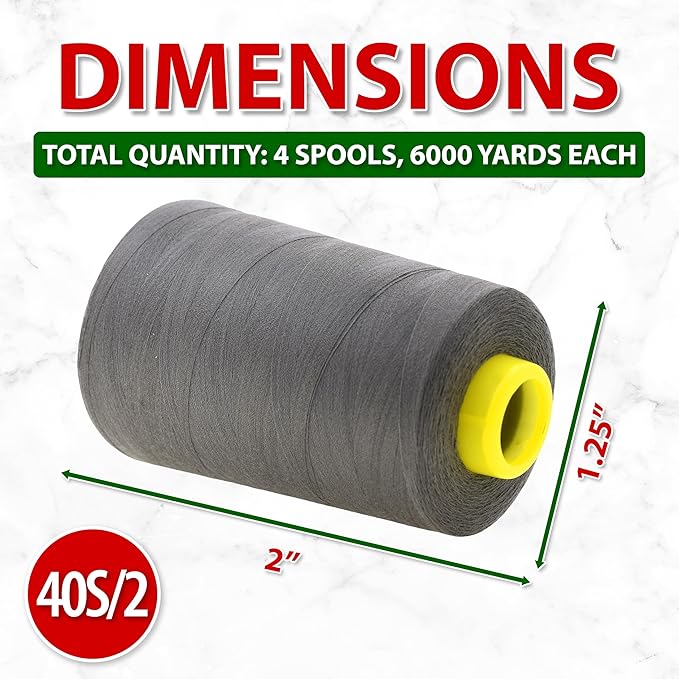 Mandala Crafts 4 Pack of Serger Threads Cones Spools - 40S/2 24000 Yards Polyester Dark Gray Threads for Sergers Machine and Overlock Quilting Sewing Machine