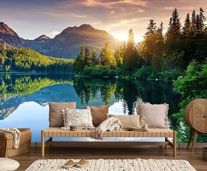 Natural Landscape Wallpaper Green Forest Lake Mountain Large Mural Wall Decor for Bedroom Living Room TV Background Home Decorations(Not Self-Adhesive)