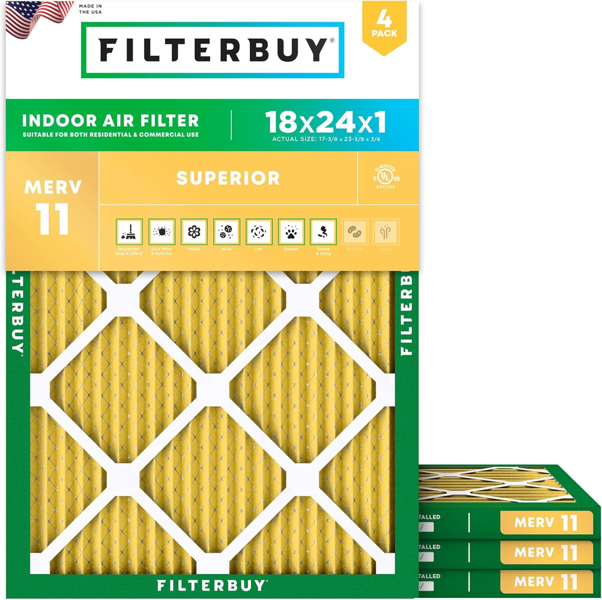 Filterbuy 18x24x1 Air Filter MERV 11 (MPR 1200) Allergen Defense Replacement (4-Pack), Electrostatic Pleated HVAC AC Furnace Filters, Made in USA (Actual Size: 17.38 x 23.38 x 0.75)