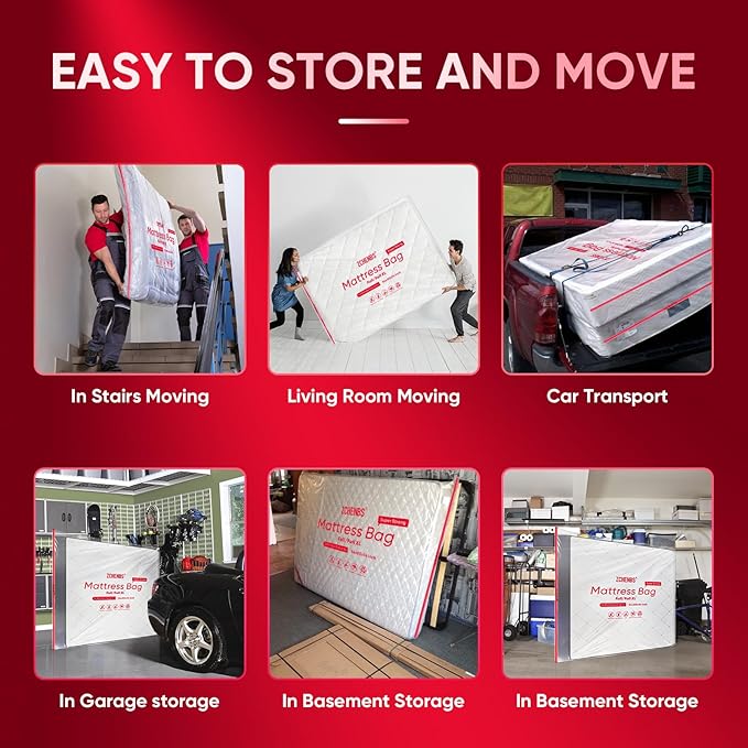 ZCHENBS® – Mattress Bags for Moving and Storage,Mattress Bag with Zippers,5 Mil Ultra-Thick Bed Bag,Waterproof,Anti-Tear,Heavy-Duty Mattress bag (Transaparent/Red, Full/Full XL-(1 Pack))