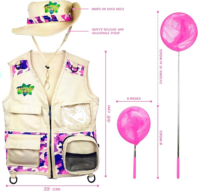 Bug Hunting Kit, Pink Safari Vest, Hat, Binoculars, Lg. Butterfly Net, Bug Container, Whistle, Flashlight, Magnifier, Thermostat, Compass, Age 3+