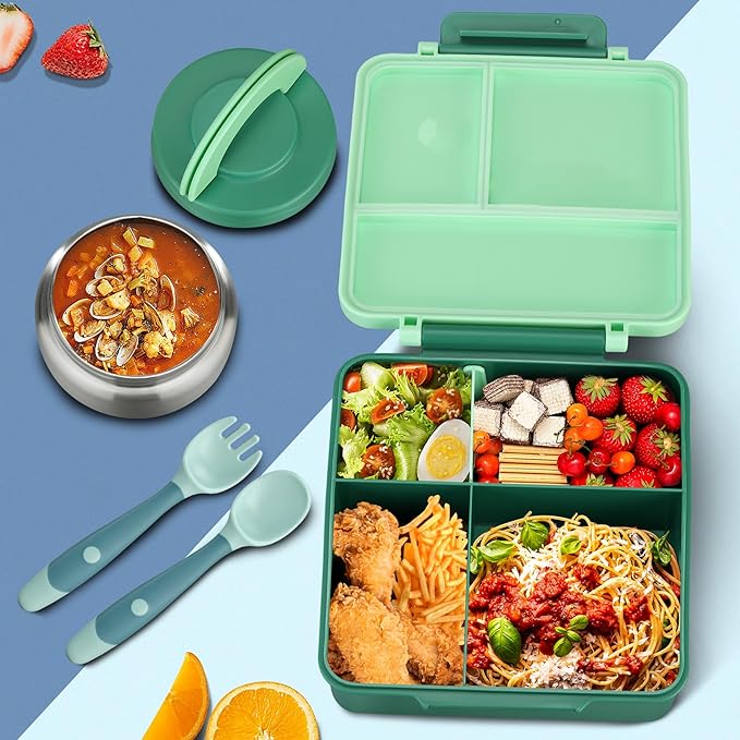 Bento Lunch Box for Kids with 8oz Soup Thermo&Lunch Bag, Leak-Proof Lunch Food Containers with 4 Compartment, Hot Food Insulated Food Jar for Kids School (Green)