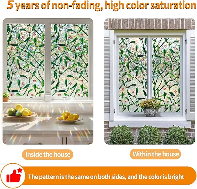 Window Privacy Film Stain Glass Window Film Rainbow Window Film Window clings Non-Adhesive Reusable Decorative for Room (Mistletoe Rainbow, 35.4 x 157.4 in)