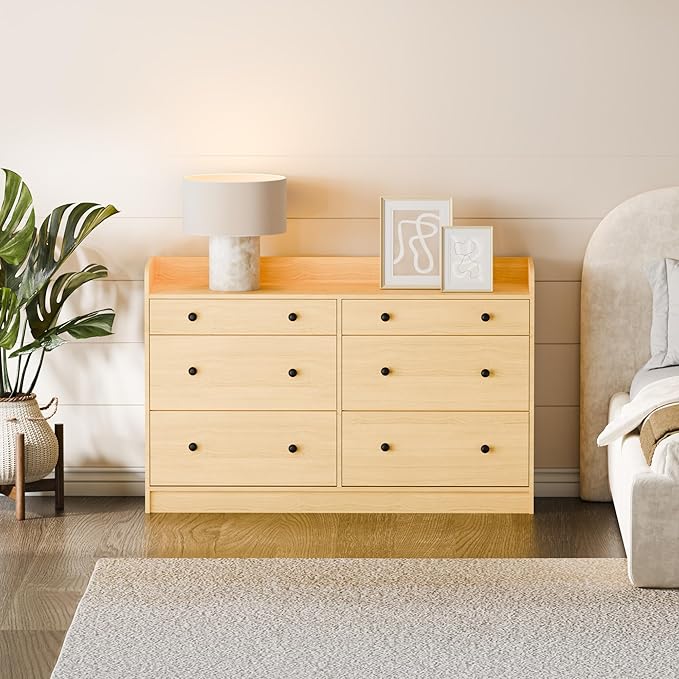 Cozy Castle Baby Dresser with 6 Drawers and Large Table Top, Multi-Functional Chest of Drawer, Drawer Dresser with Three-Sided High Rails for Nursery, Children's Room, Bedroom, Oak