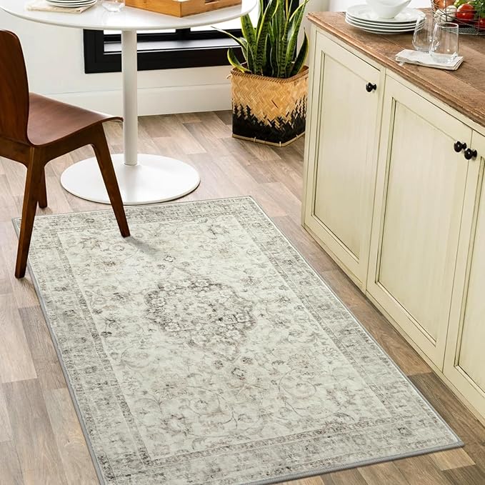 LIVEBOX Entryway Rug 3x5 Washable Area Rugs for Kitchen Bathroom, Non-Slip Front Door Mat for Bedroom, Boho Low-Pile Carpet Farmhouse Throw Indoor Mats for Bath Laundry Room, Taupe